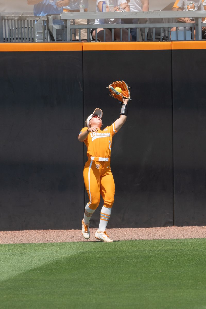 Sophia Knight (2) catches the ball near the warning track against Virginia in the NCAA Regionals at Sherri Parker Lee Stadium. Sunday, May 17, 2026.