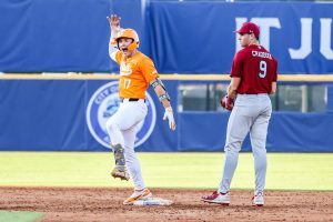 Nate Eisfelder (17) celebrates after hitting a double during round one of the SEC baseball tournament  against South Carolina in the Hoover Met Complex. Tuesday, May 19, 2026.