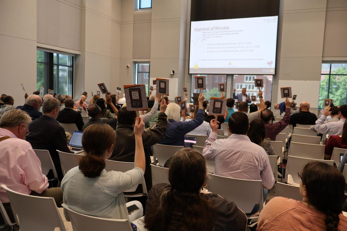 Senators vote at the last Faculty Senate meeting. May 4, 2026.