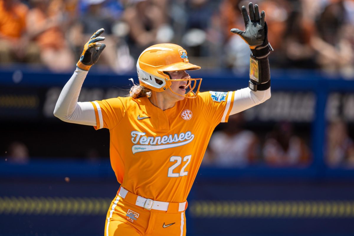 Elsa Morrison (22) celebrates a home run at Devon Park during the Women's College World Series. Thursday, May 28, 2026.