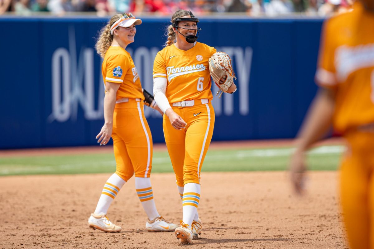 Sage Mardjetko (6) smiles during a game against Texas at Devon Park in the Women's College World Series. Thursday, May 28, 2026.