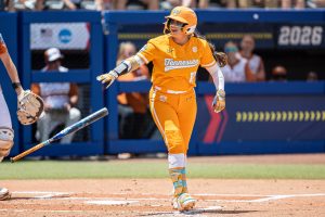 Alannah Leach (10) drops a bat during a game against Texas at Devon Park in the Women's College World Series. Thursday, May 28, 2026.